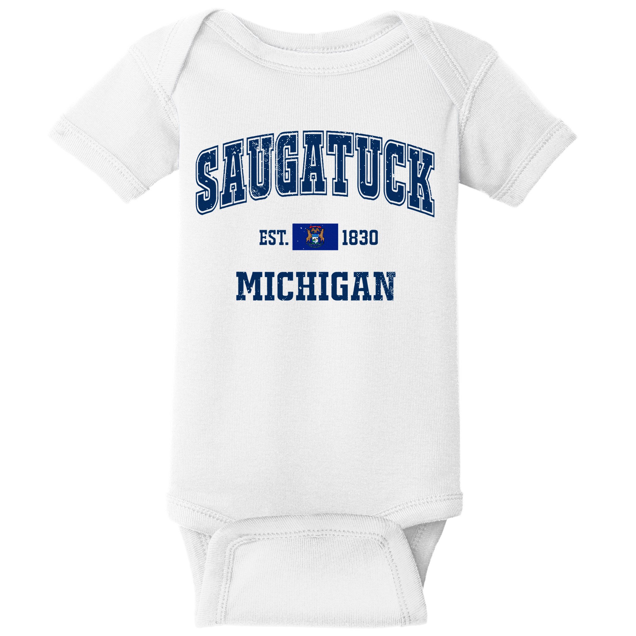Saugatuck Michigan MI Vintage State Flag Athletic Navy Baby Bodysuit