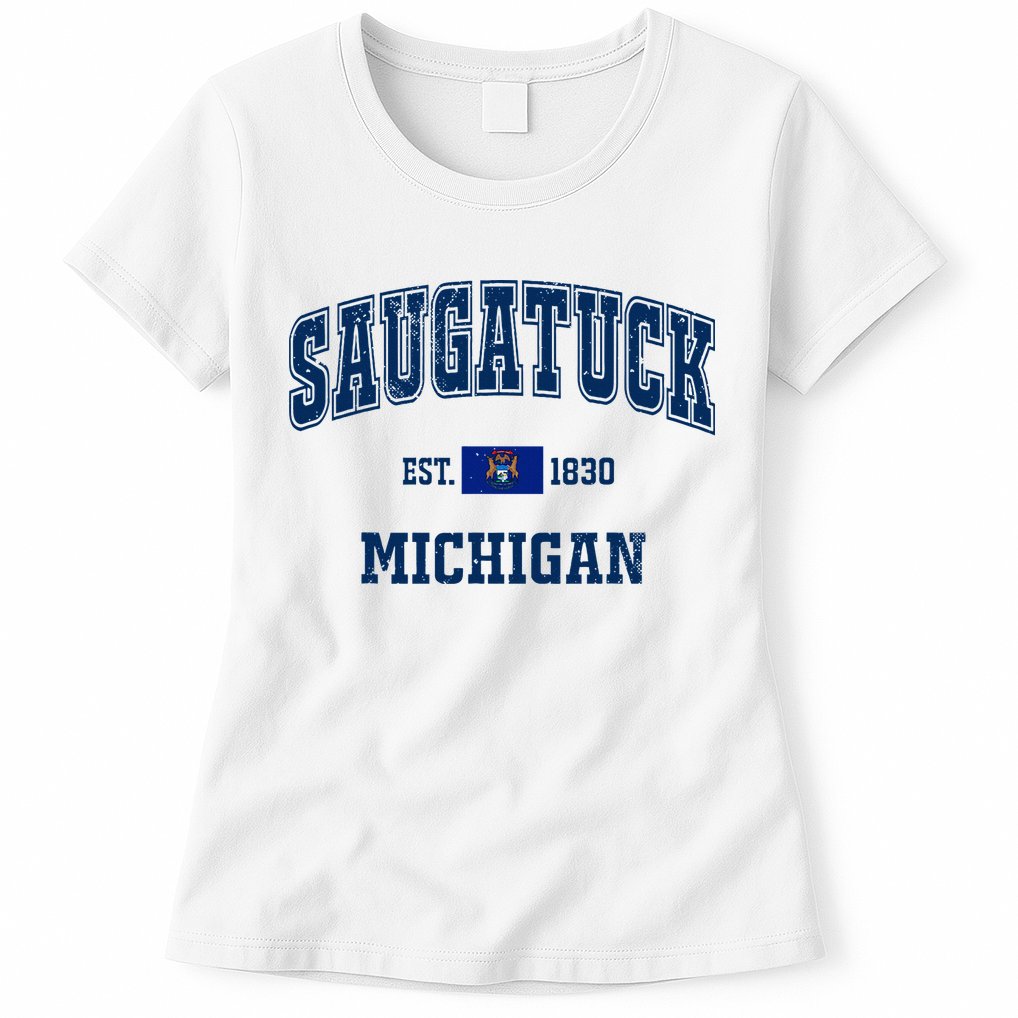 Saugatuck Michigan MI Vintage State Flag Athletic Navy Womens T-Shirt