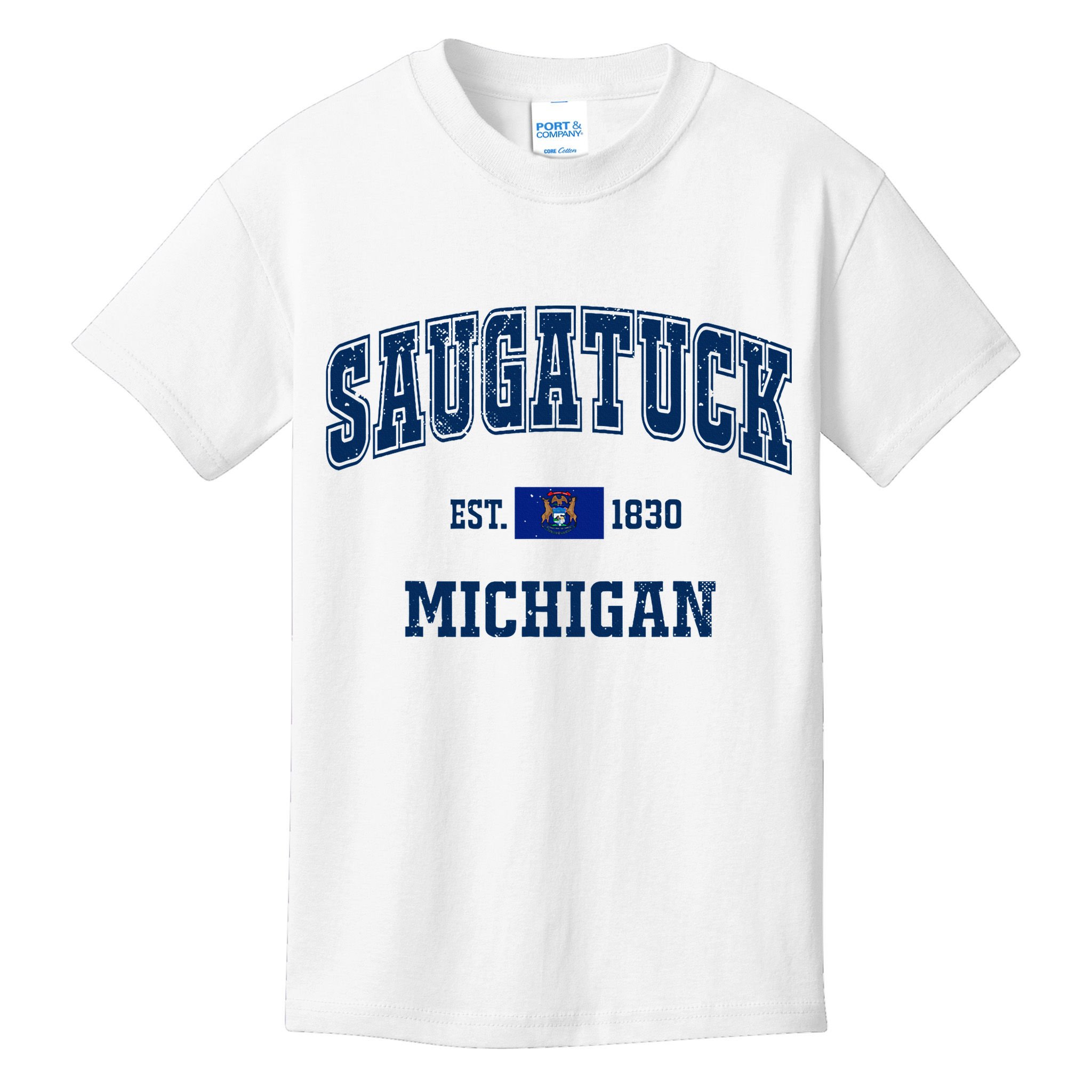 Saugatuck Michigan MI Vintage State Flag Athletic Navy Kids T-Shirt