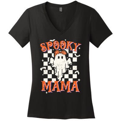 Spooky Mama Mom Cute Ghost Retro Spooky Season Halloween Women's V-Neck T-Shirt
