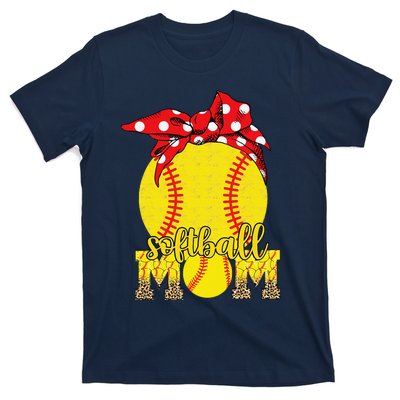 Softball Mom Messy Bun Leopard Softball Mothers Day T-Shirt