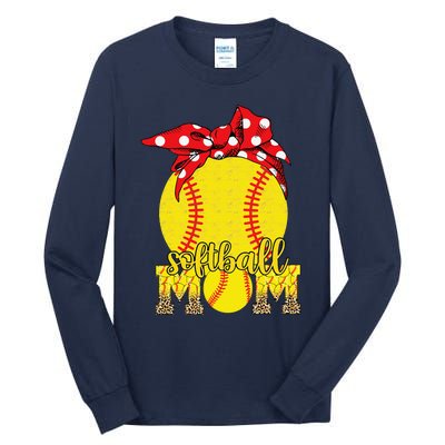 Softball Mom Messy Bun Leopard Softball Mothers Day Tall Long Sleeve T-Shirt