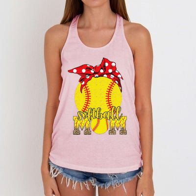 Softball Mom Messy Bun Leopard Softball Mothers Day Women's Knotted Racerback Tank