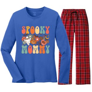 Spooky Mommy Matching Funny Gift Retro Halloween Ghost Witchy Gift Women's Long Sleeve Flannel Pajama Set 