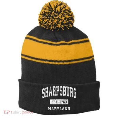 Sharpsburg Maryland Md Vintage Athletic Sports Stripe Pom Pom Beanie
