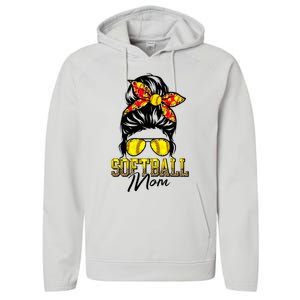 Softball Mom Messy Bun Mama Softball Game Day Mothers Day Performance Fleece Hoodie