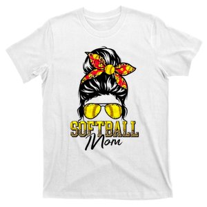 Softball Mom Messy Bun Mama Softball Game Day Mothers Day T-Shirt