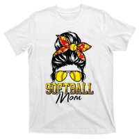 Softball Mom Messy Bun Mama Softball Game Day Mothers Day T-Shirt