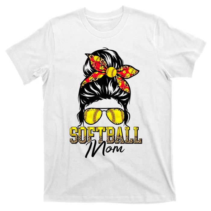 Softball Mom Messy Bun Mama Softball Game Day Mothers Day T-Shirt