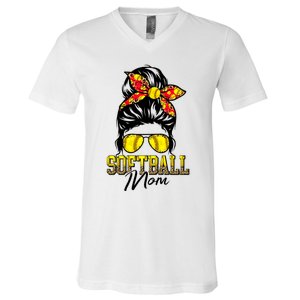 Softball Mom Messy Bun Mama Softball Game Day Mothers Day V-Neck T-Shirt