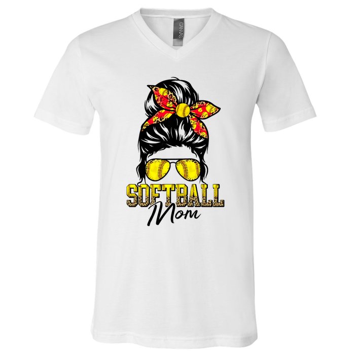 Softball Mom Messy Bun Mama Softball Game Day Mothers Day V-Neck T-Shirt