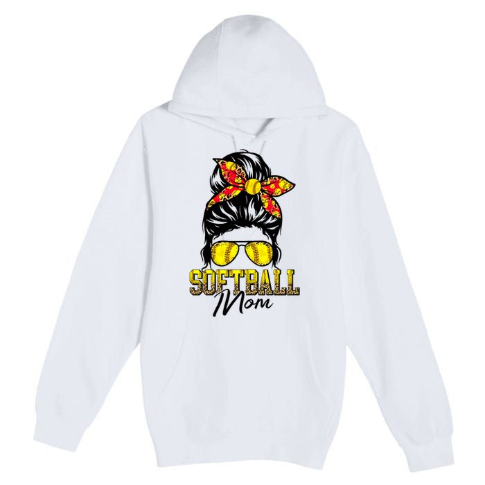 Softball Mom Messy Bun Mama Softball Game Day Mothers Day Premium Pullover Hoodie