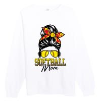 Softball Mom Messy Bun Mama Softball Game Day Mothers Day Premium Crewneck Sweatshirt