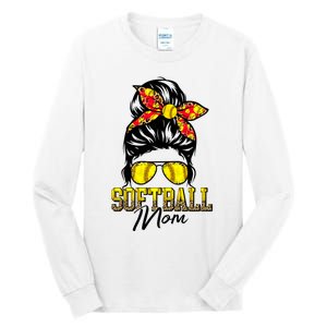 Softball Mom Messy Bun Mama Softball Game Day Mothers Day Tall Long Sleeve T-Shirt