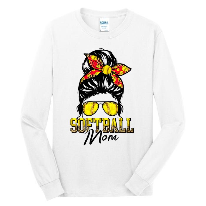 Softball Mom Messy Bun Mama Softball Game Day Mothers Day Tall Long Sleeve T-Shirt