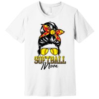 Softball Mom Messy Bun Mama Softball Game Day Mothers Day Premium T-Shirt