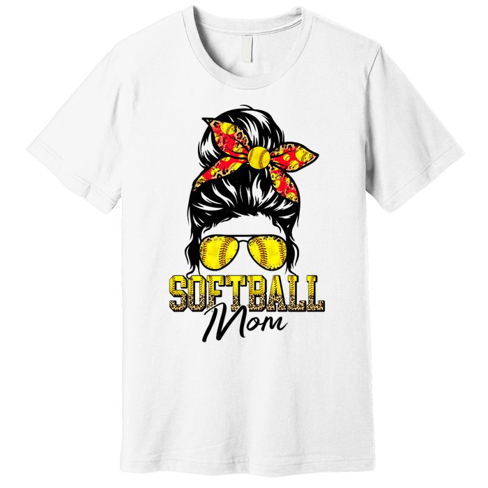 Softball Mom Messy Bun Mama Softball Game Day Mothers Day Premium T-Shirt