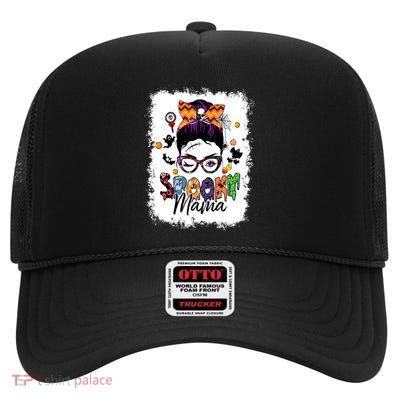 Spooky Mama Messy Bun Mom Halloween Spooky Mom Gift High Crown Mesh Back Trucker Hat