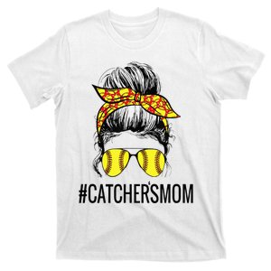 Softball Mom Messy Bun Catcher's Mom T-Shirt