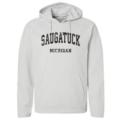 Saugatuck Michigan Mi Vintage Athletic Sports Design Performance Fleece Hoodie