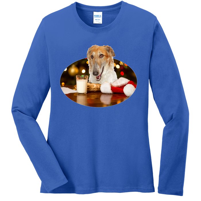 Santa Milk N Cookies Dog Borzoi Gift Ladies Long Sleeve Shirt