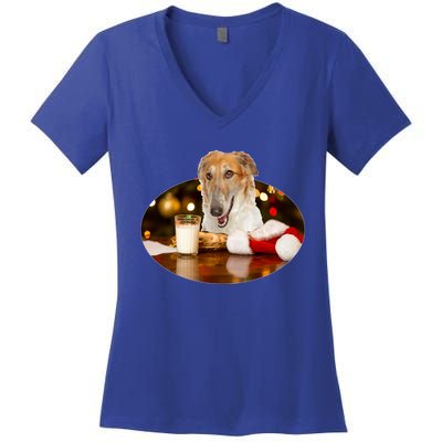 Santa Milk N Cookies Dog Borzoi Gift Women's V-Neck T-Shirt