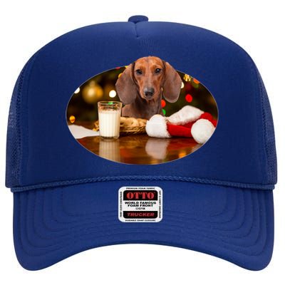 Santa Milk N Cookies Dog Dachshund Gift High Crown Mesh Back Trucker Hat