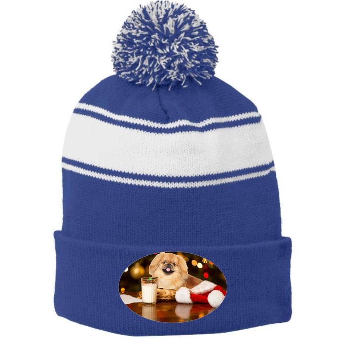 Santa Milk N Cookies Dog Pekingese Gift Stripe Pom Pom Beanie