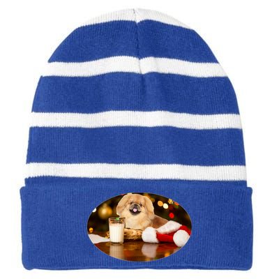 Santa Milk N Cookies Dog Pekingese Gift Striped Beanie with Solid Band