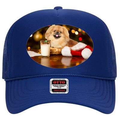 Santa Milk N Cookies Dog Pekingese Gift High Crown Mesh Back Trucker Hat