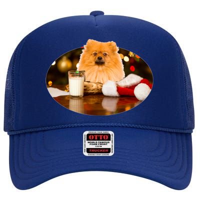 Santa Milk N Cookies Dog Pomeranian Cool Gift High Crown Mesh Back Trucker Hat