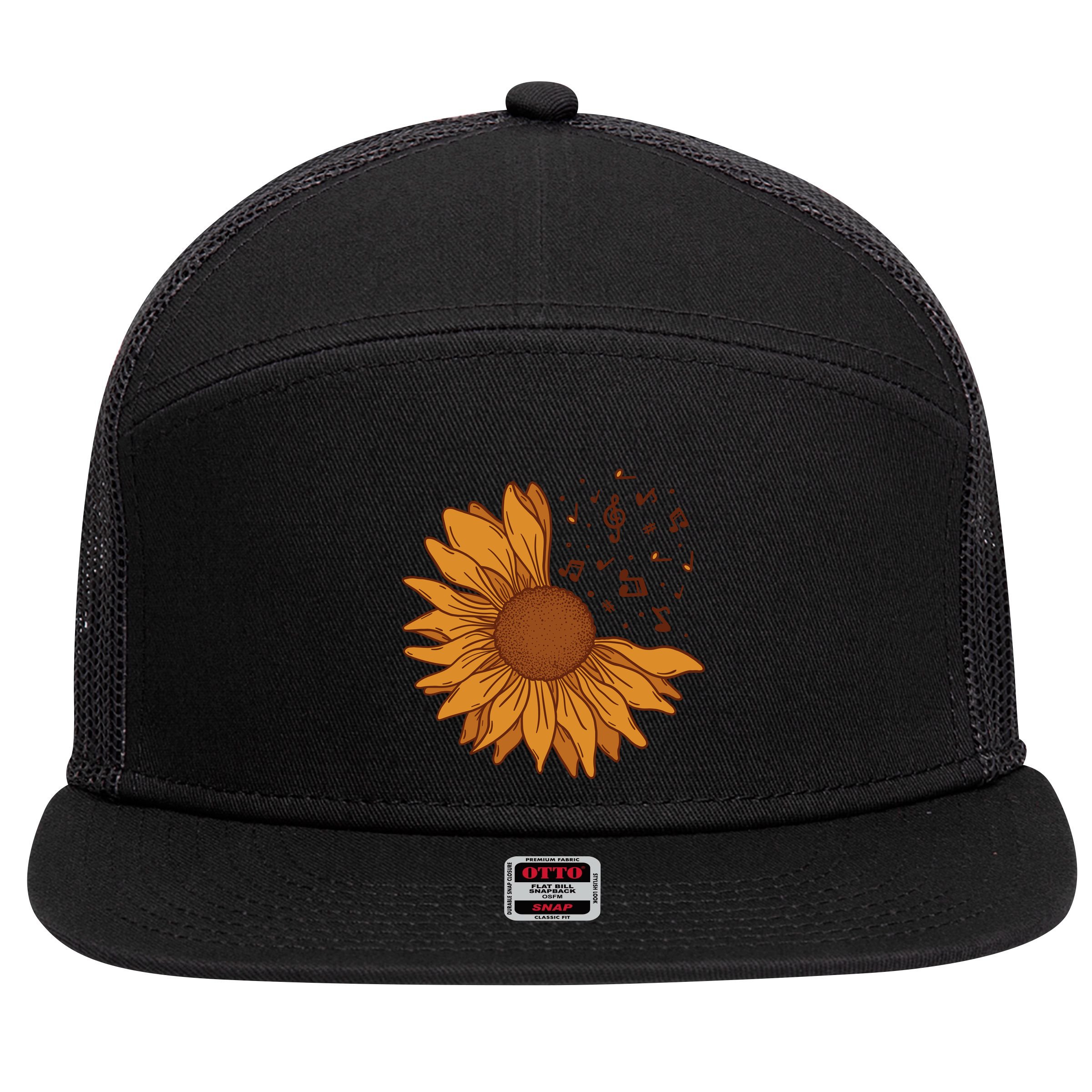 Sunflower Musical Notes 7 Panel Mesh Trucker Snapback Hat