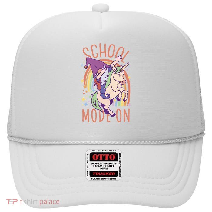 School Mode On Gnome Unicorn Rainbow Dab High Crown Mesh Back Trucker Hat