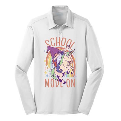 School Mode On Gnome Unicorn Rainbow Dab Silk Touch Performance Long Sleeve Polo