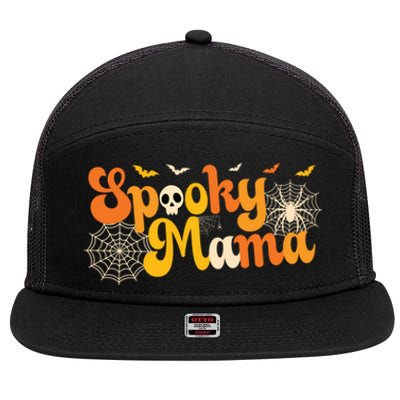 Spooky Mama Outfit Witch Mom Halloween Retro Groovy Gift 7 Panel Mesh Trucker Snapback Hat