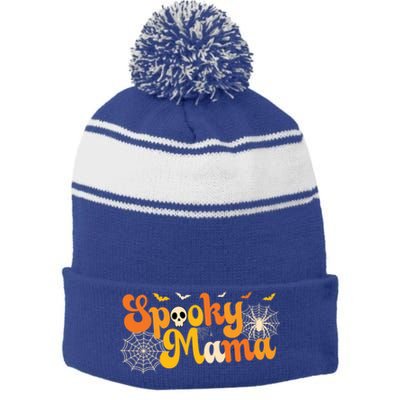 Spooky Mama Outfit Witch Mom Halloween Retro Groovy Gift Stripe Pom Pom Beanie