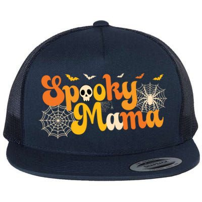 Spooky Mama Outfit Witch Mom Halloween Retro Groovy Gift Flat Bill Trucker Hat