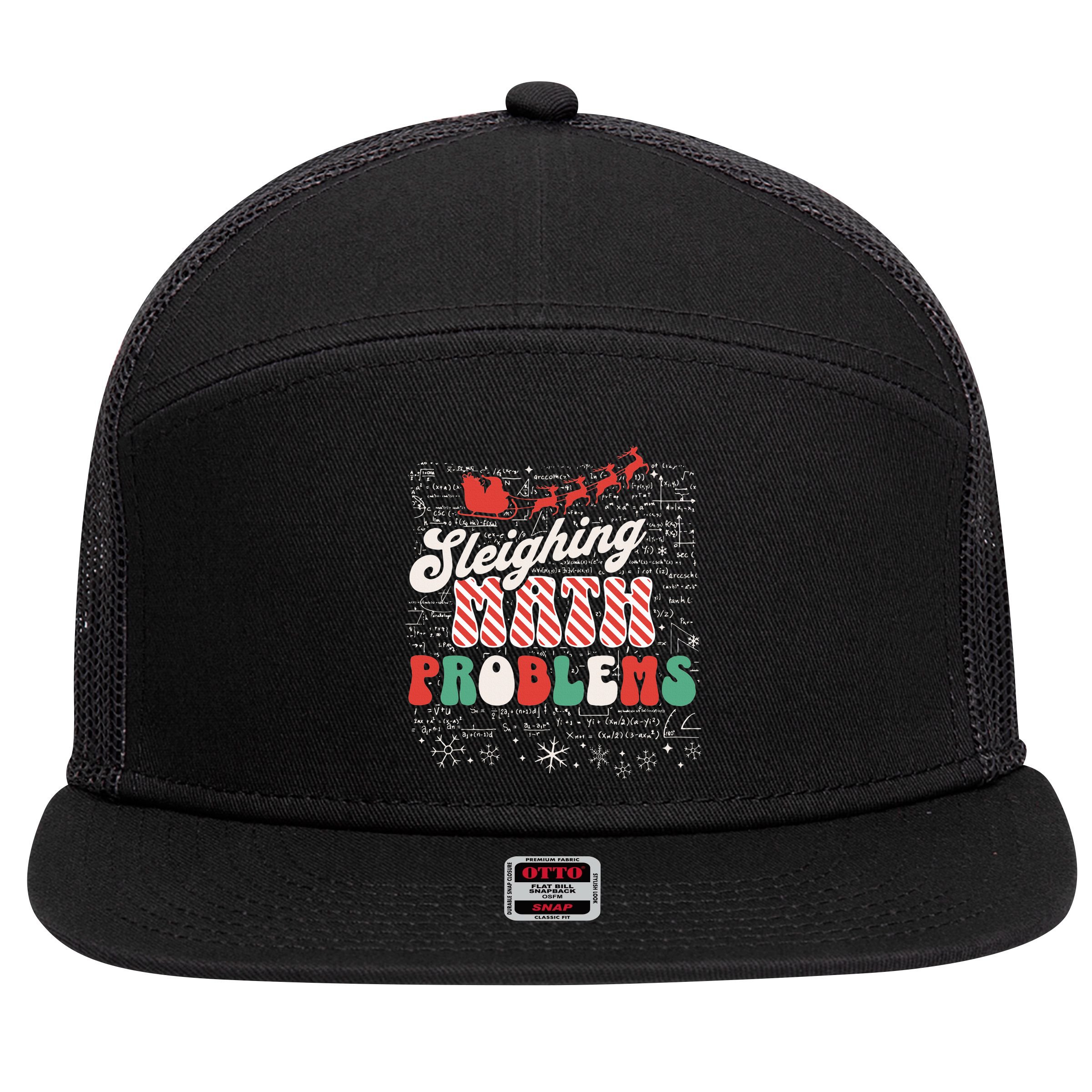 Sleighing Math Problems  Funny Christmas Math Teacher Santa  7 Panel Mesh Trucker Snapback Hat