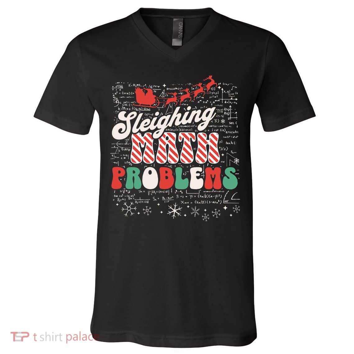 Sleighing Math Problems  Funny Christmas Math Teacher Santa  V-Neck T-Shirt