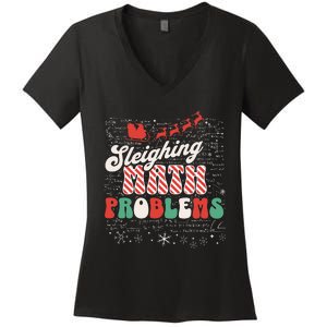 Sleighing Math Problems  Funny Christmas Math Teacher Santa  Women's V-Neck T-Shirt