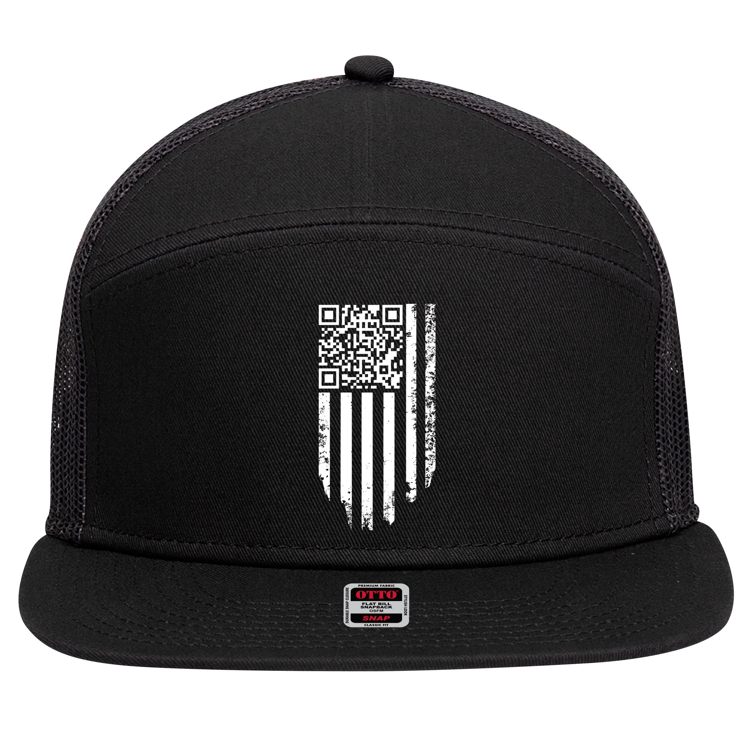 Scan Me President Trump Dancing Code American Flag 7 Panel Mesh Trucker Snapback Hat