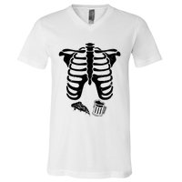 Skeleton Maternity Pizza & Beer Black V-Neck T-Shirt