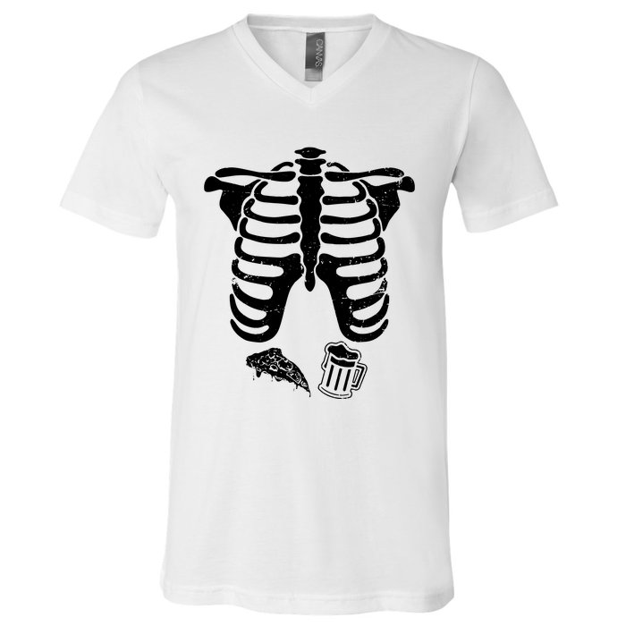 Skeleton Maternity Pizza & Beer Black V-Neck T-Shirt