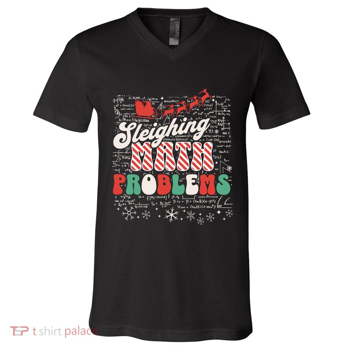 Sleighing Math Problems Funny Christmas Math Teacher Santa V-Neck T-Shirt