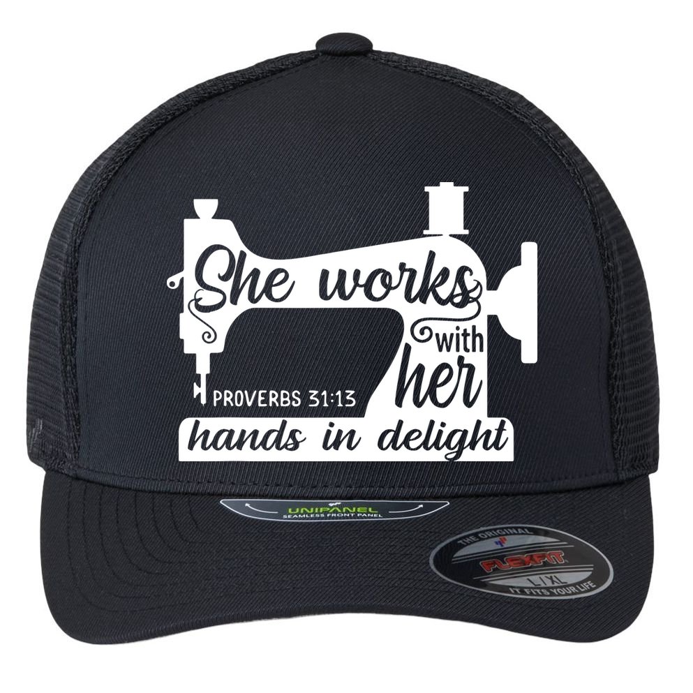 Sewing Machine Quilting Crocheting Faith Jesus God Bible Flexfit Unipanel Trucker Cap