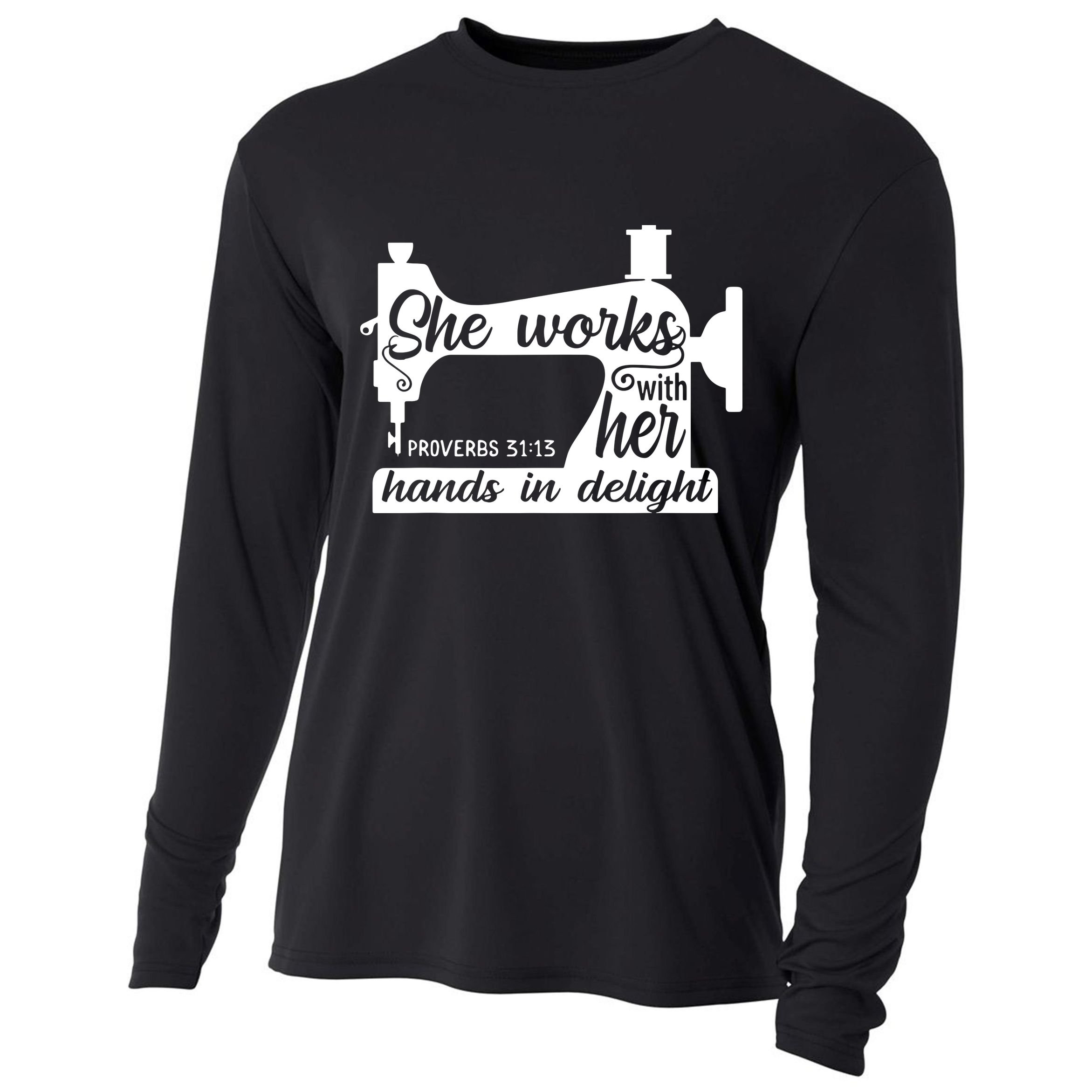 Sewing Machine Quilting Crocheting Faith Jesus God Bible Cooling Performance Long Sleeve Crew