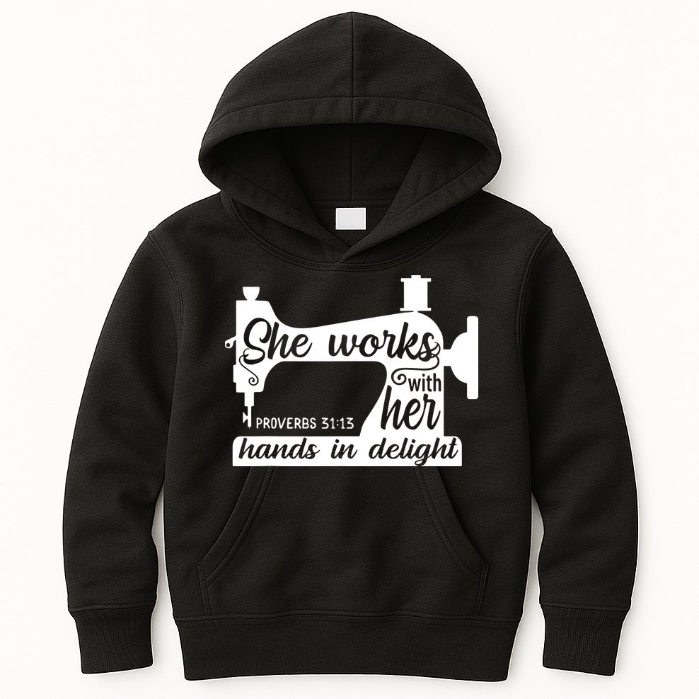 Sewing Machine Quilting Crocheting Faith Jesus God Bible Kids Hoodie