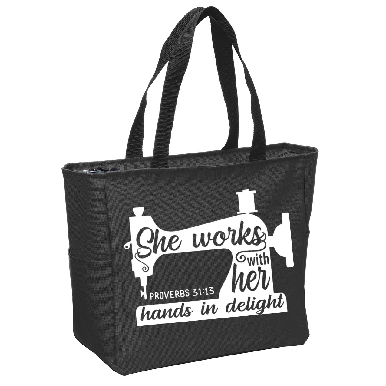 Sewing Machine Quilting Crocheting Faith Jesus God Bible Zip Tote Bag