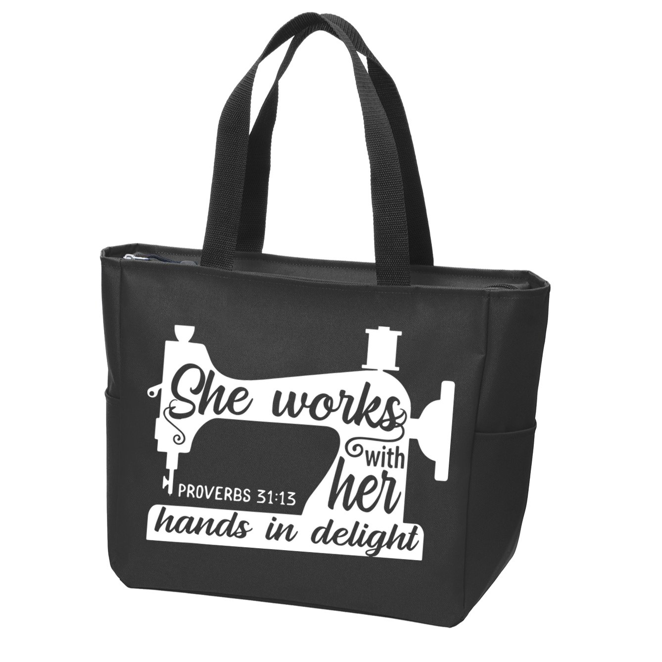Sewing Machine Quilting Crocheting Faith Jesus God Bible Zip Tote Bag