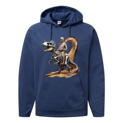 Scary Mummy Riding A Skeleton Dinosaur Cool Wicked Meaningful Gift Performance Fleece Hoodie